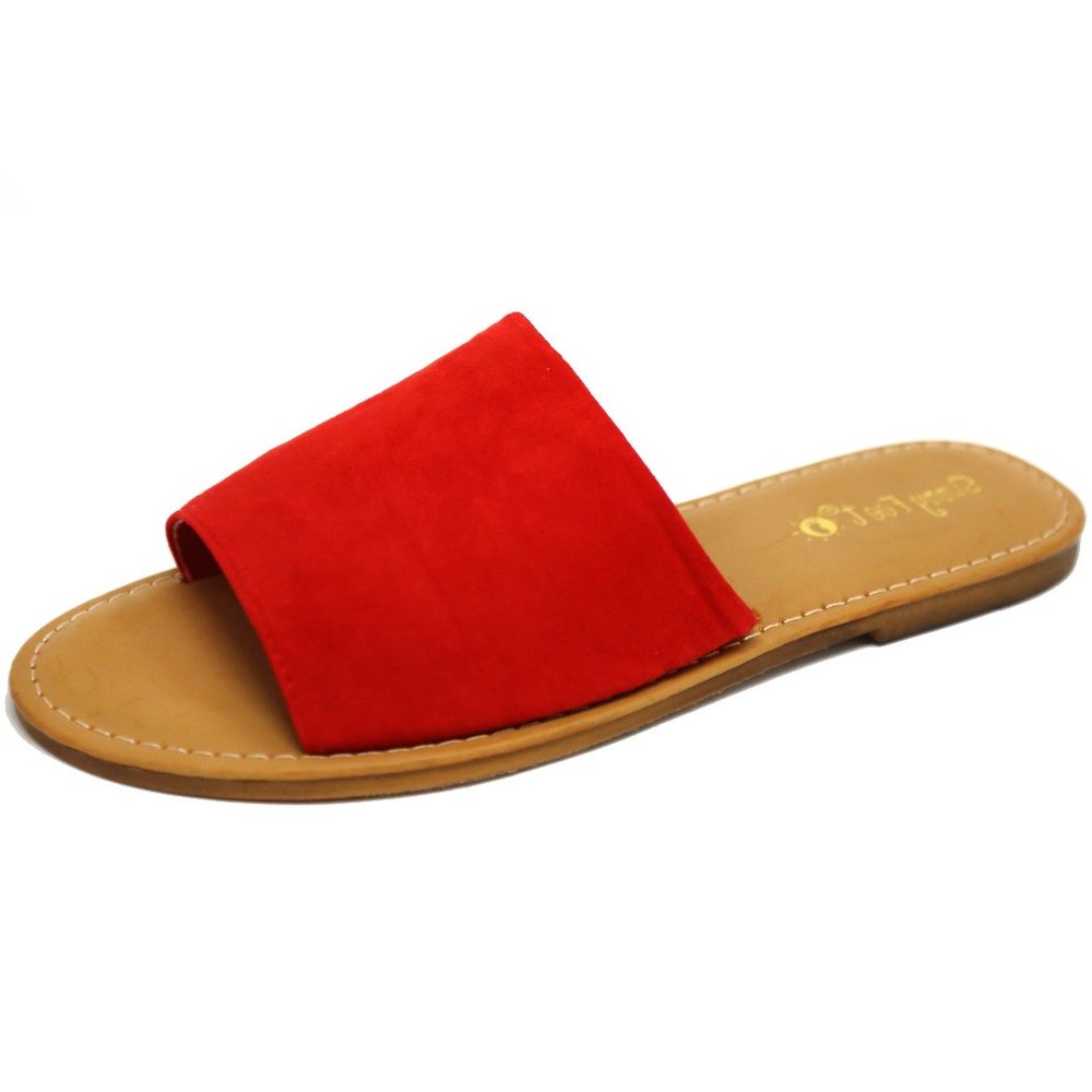 New Red Wide Band Open Toe Slides Flat Sandals